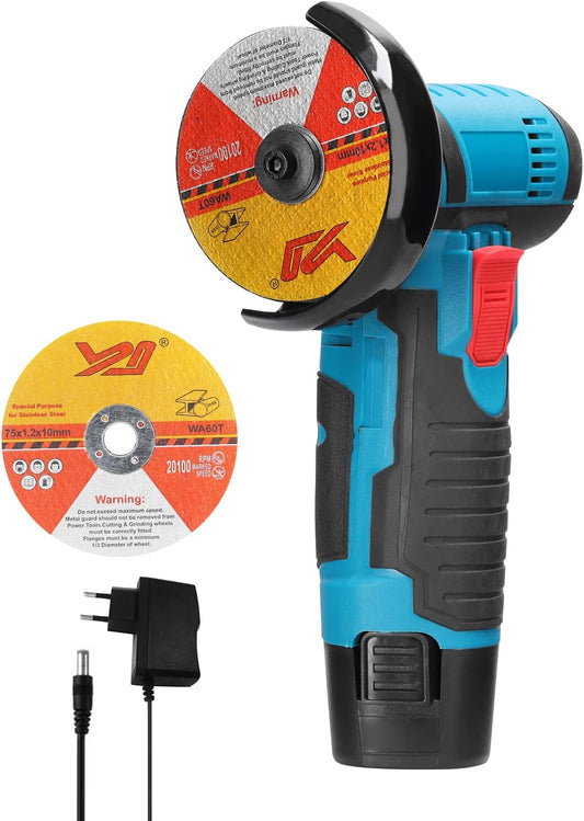 Moniss 12V Cordless Angle Grinder, Portable Electric Grinding & Cutting Machine for Wood, Ceramic Tile & DIY Projects, Rechargeable Handheld Polisher with 2 Cutting Discs