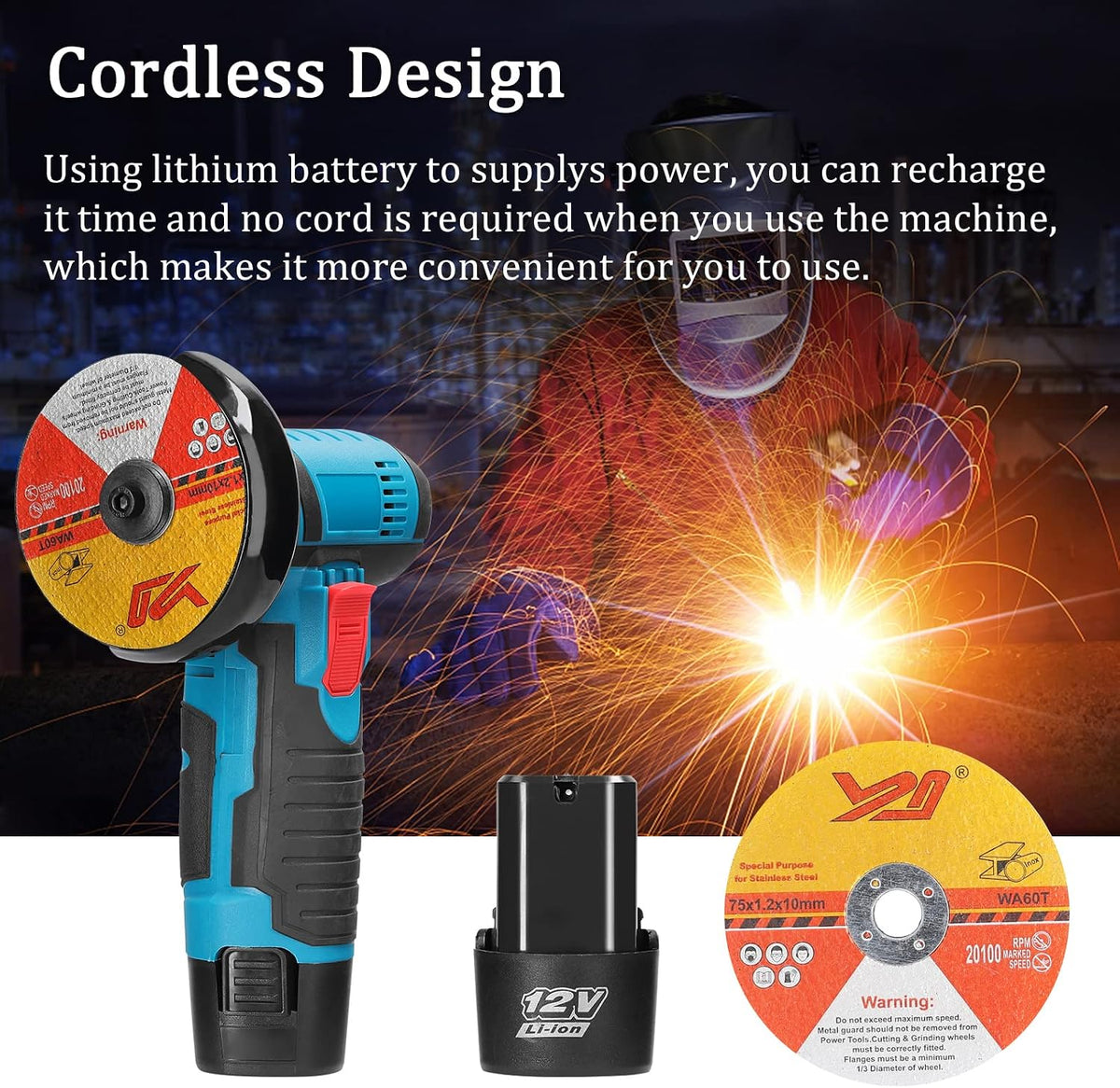 Moniss 12V Cordless Angle Grinder, Portable Electric Grinding & Cutting Machine for Wood, Ceramic Tile & DIY Projects, Rechargeable Handheld Polisher with 2 Cutting Discs